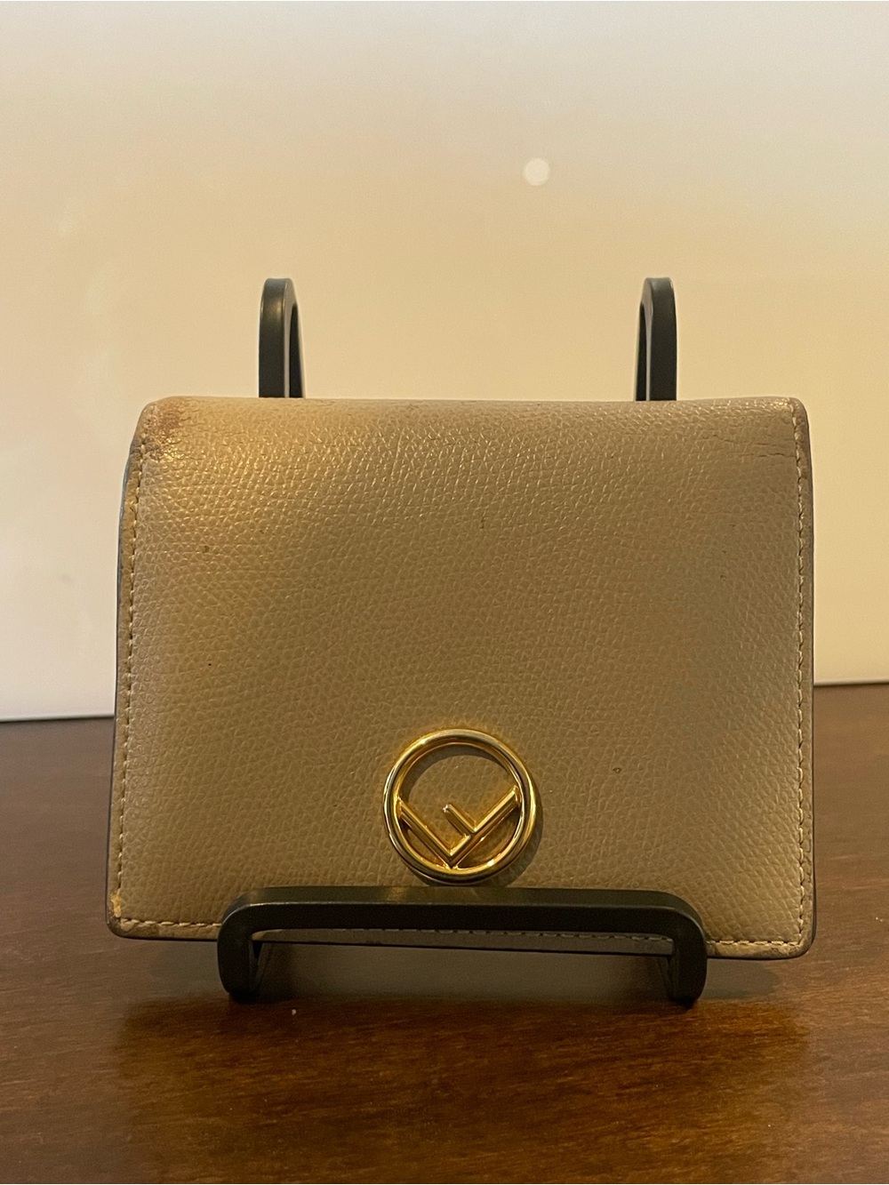 Fendi Taupe Leather Compact Wallet with Gold Emblem